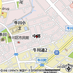 愛知県豊橋市牛川町中郷周辺の地図