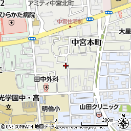 キョウテク枚方中宮本町パーキング周辺の地図