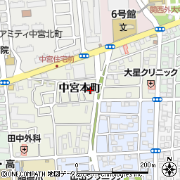 エホバの証人の枚方市中宮王国会館周辺の地図