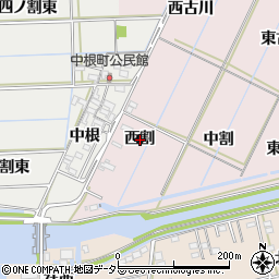 愛知県西尾市巨海町西割周辺の地図