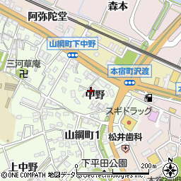 愛知県岡崎市山綱町中野周辺の地図