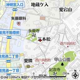 愛知県岡崎市六供町三本松周辺の地図