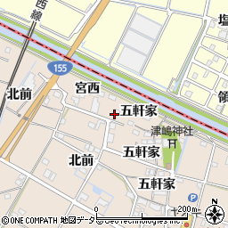 愛知県愛西市町方町五軒家周辺の地図