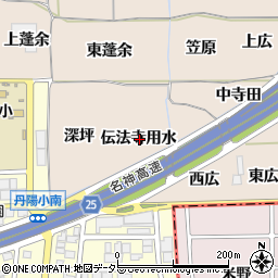 愛知県一宮市丹陽町三ツ井伝法寺用水周辺の地図