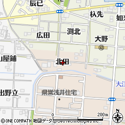 愛知県一宮市浅井町尾関北田周辺の地図