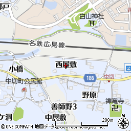 愛知県犬山市善師野（西屋敷）周辺の地図