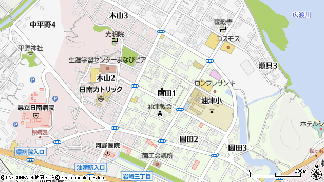 〒887-0012 宮崎県日南市園田の地図