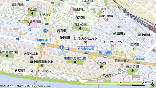 〒866-0843 熊本県八代市花園町の地図