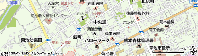 熊本県菊池市中央通周辺の地図