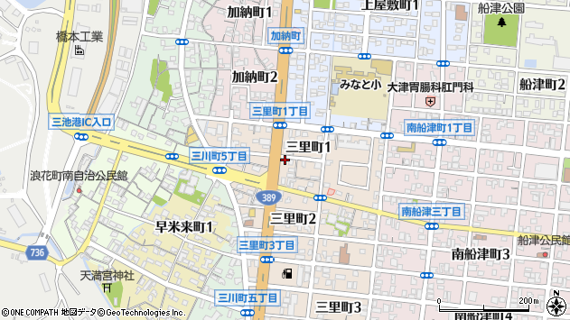〒836-0076 福岡県大牟田市三里町の地図