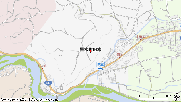 〒834-1214 福岡県八女市黒木町田本の地図
