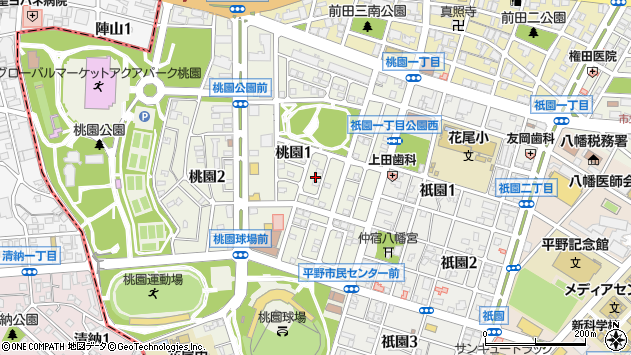 〒805-0068 福岡県北九州市八幡東区桃園の地図