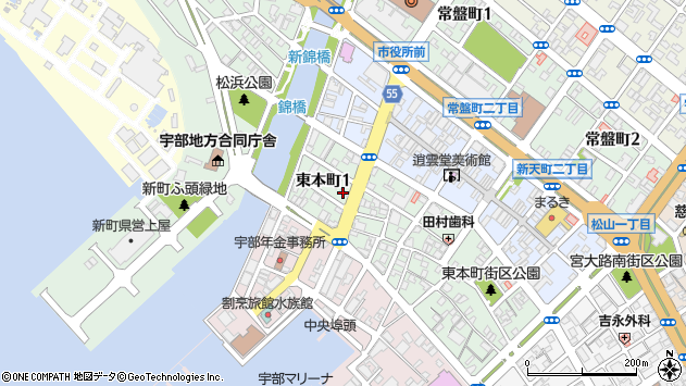 〒755-0028 山口県宇部市東本町の地図