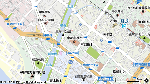 〒755-0000 山口県宇部市（以下に掲載がない場合）の地図