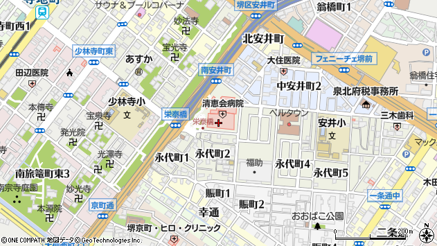〒590-0064 大阪府堺市堺区南安井町の地図