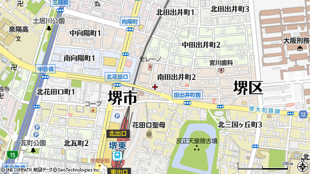 〒590-0015 大阪府堺市堺区南田出井町の地図