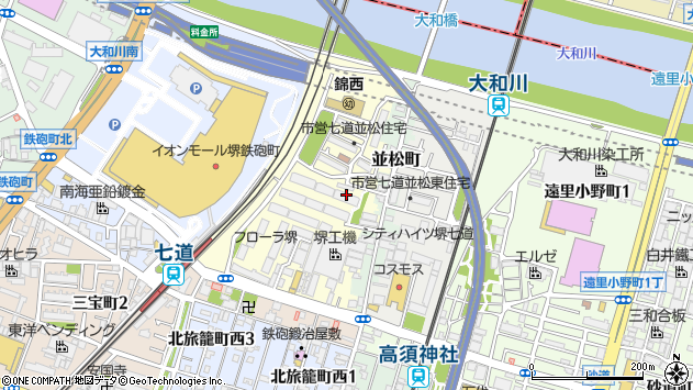 〒590-0911 大阪府堺市堺区七道西町の地図