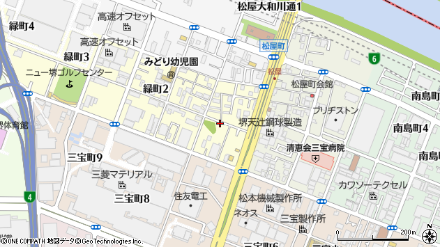 〒590-0907 大阪府堺市堺区緑町の地図
