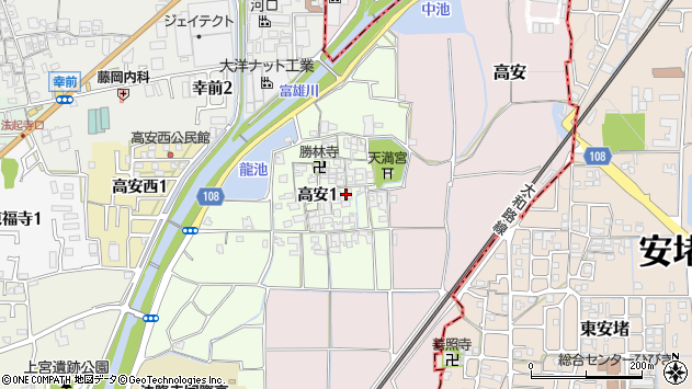 〒636-0104 奈良県生駒郡斑鳩町高安の地図