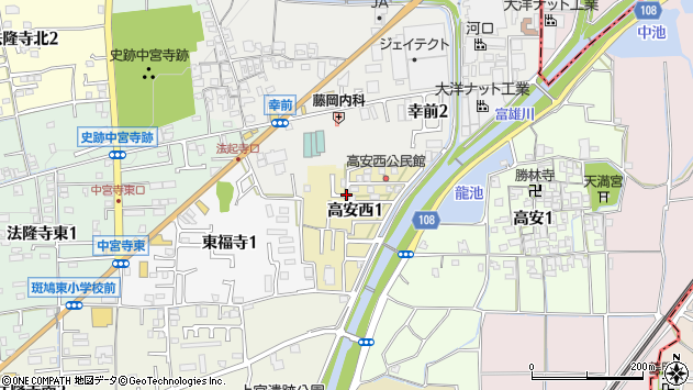 〒636-0106 奈良県生駒郡斑鳩町高安西の地図