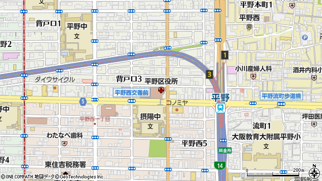 〒547-0000 大阪府大阪市平野区（以下に掲載がない場合）の地図