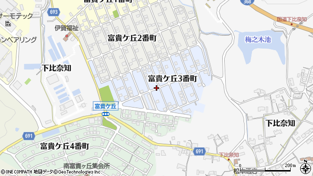 〒518-0416 三重県名張市富貴ケ丘３番町の地図