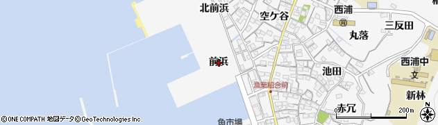 愛知県蒲郡市西浦町前浜周辺の地図
