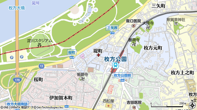 〒573-0057 大阪府枚方市堤町の地図