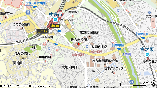 〒573-0000 大阪府枚方市（以下に掲載がない場合）の地図