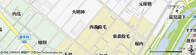 愛知県西尾市天竹町（西番除毛）周辺の地図
