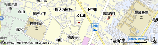 愛知県西尾市上町（南又七山）周辺の地図
