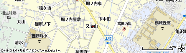 愛知県西尾市上町（又七山）周辺の地図