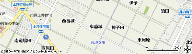愛知県岡崎市土井町（東番城）周辺の地図