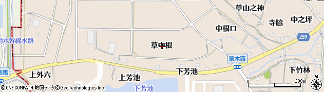 愛知県知多郡阿久比町草木草中根周辺の地図