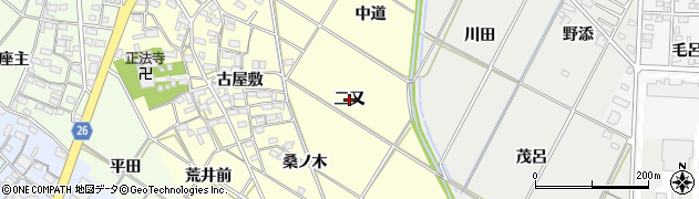 愛知県岡崎市東本郷町（二又）周辺の地図