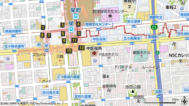 〒460-0000 愛知県名古屋市中区（以下に掲載がない場合）の地図