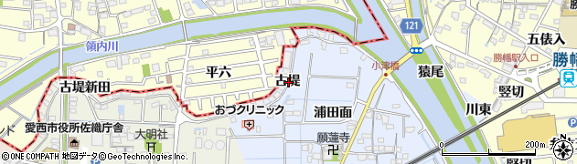 愛知県愛西市小津町古堤周辺の地図
