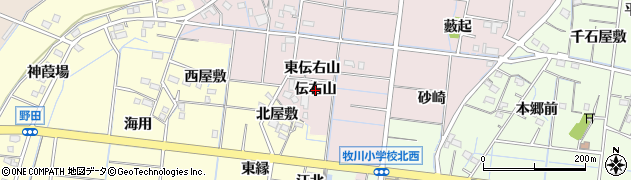 愛知県稲沢市祖父江町中牧（伝右山）周辺の地図