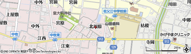 愛知県稲沢市祖父江町中牧（北川原）周辺の地図
