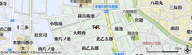 愛知県一宮市木曽川町外割田千代周辺の地図
