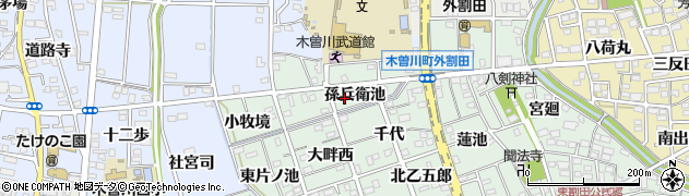 愛知県一宮市木曽川町外割田孫兵衛池周辺の地図