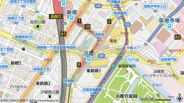 〒105-0021 東京都港区東新橋（次のビルを除く）の地図
