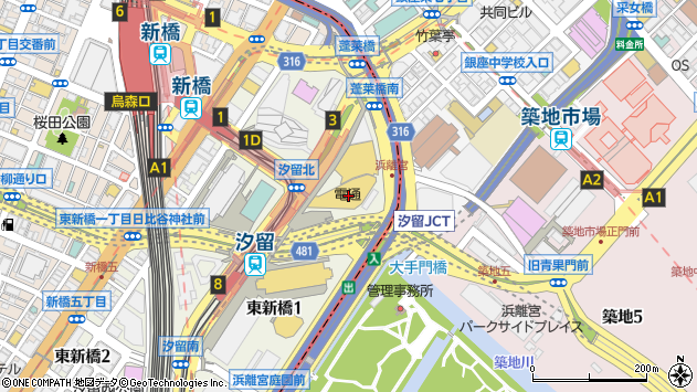 〒105-7034 東京都港区東新橋 電通本社ビル（３４階）の地図