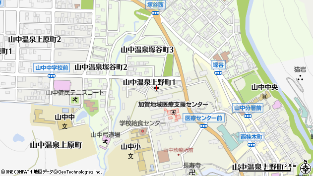 〒922-0117 石川県加賀市山中温泉上野町緑ケ丘の地図