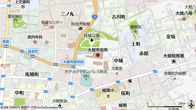 〒017-0000 秋田県大館市（以下に掲載がない場合）の地図