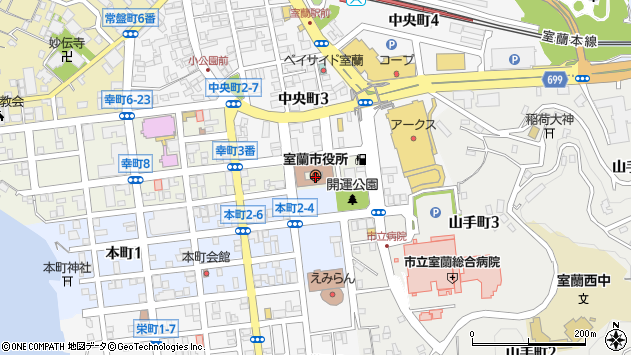 〒050-0000 北海道室蘭市（以下に掲載がない場合）の地図